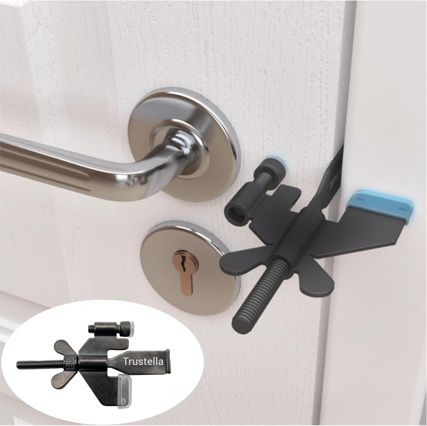Heavy-Duty Portable Door Lock, Stainless Steel Security for Home, Travel, Hotel, Apartment - Includes Silicone Protector Caps (Black)