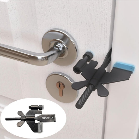 Heavy-Duty Portable Door Lock, Stainless Steel Security for Home, Travel, Hotel, Apartment - Includes Silicone Protector Caps (Black)