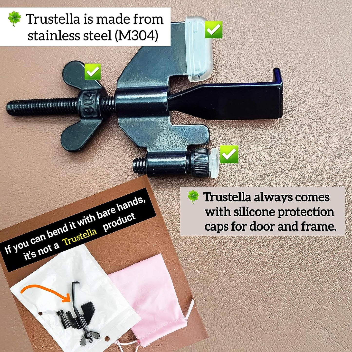 Heavy-Duty Portable Door Lock, Stainless Steel Security for Home, Travel, Hotel, Apartment - Includes Silicone Protector Caps (Black)