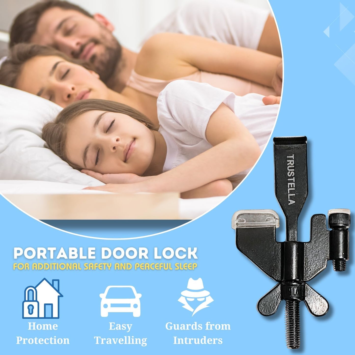 Heavy-Duty Portable Door Lock, Stainless Steel Security for Home, Travel, Hotel, Apartment - Includes Silicone Protector Caps (Black)