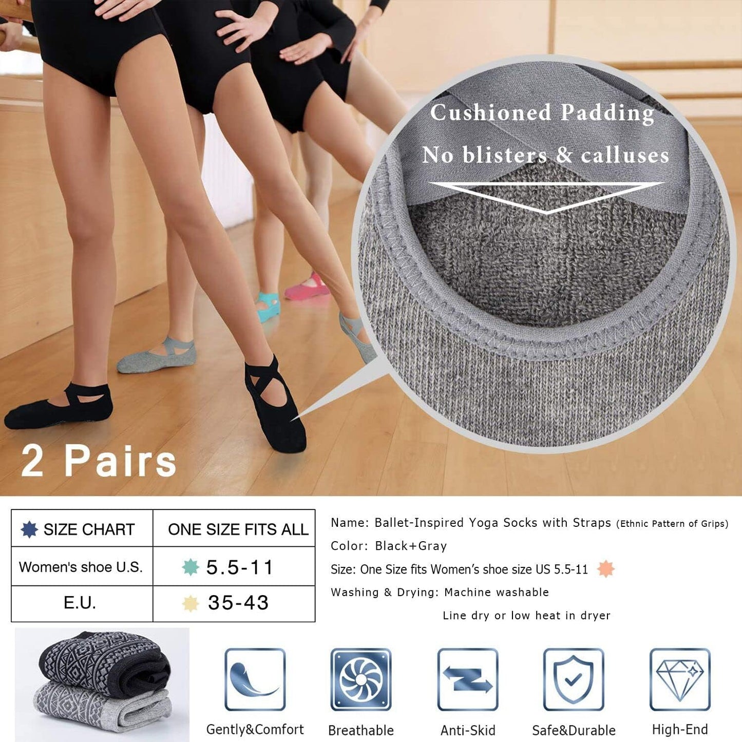 Non-Slip Yoga Socks for Women – Grips & Straps for Pilates, Barre, Ballet & Dance Workouts