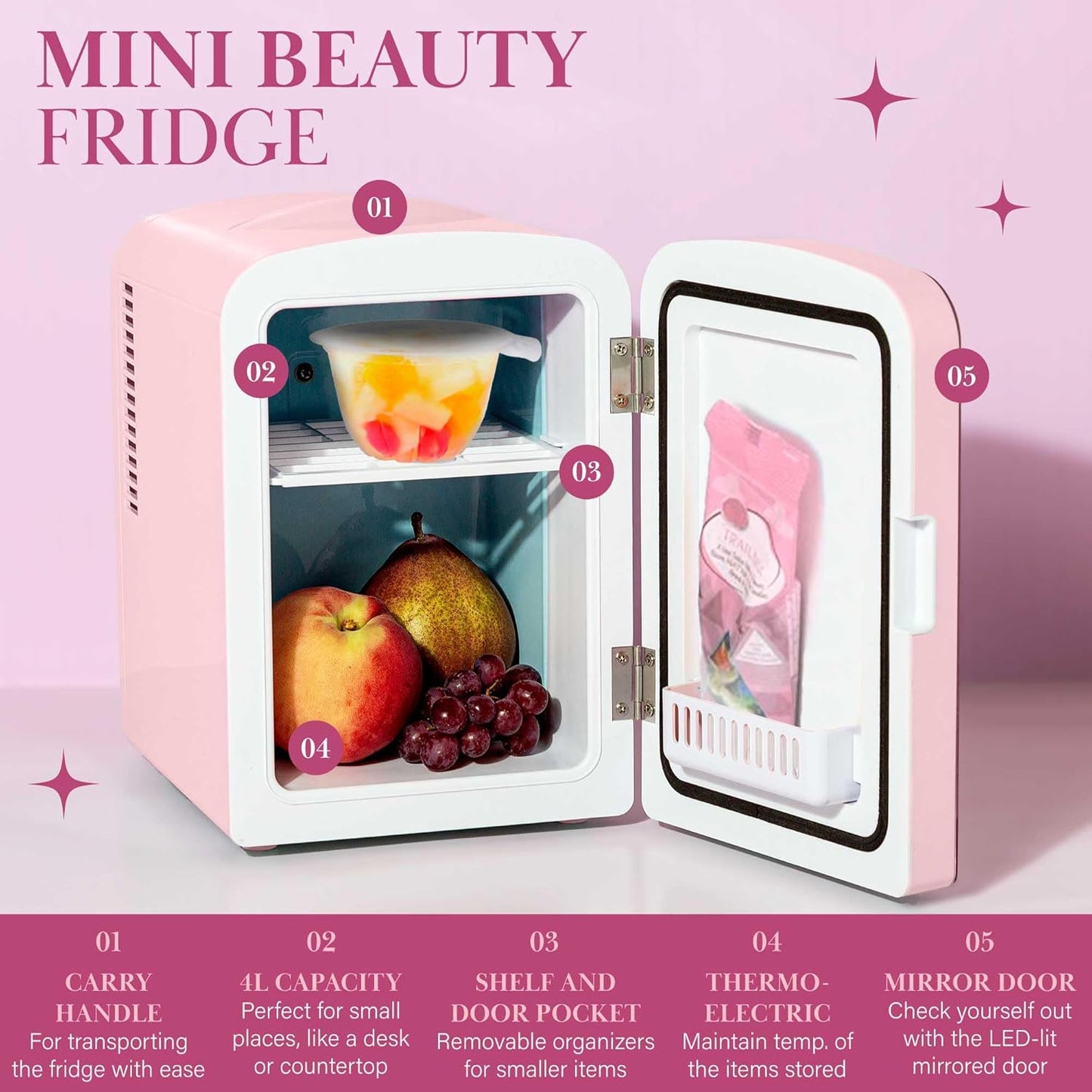 4L Mini Beauty Fridge - Pink, LED Mirror, Cooling & Warming