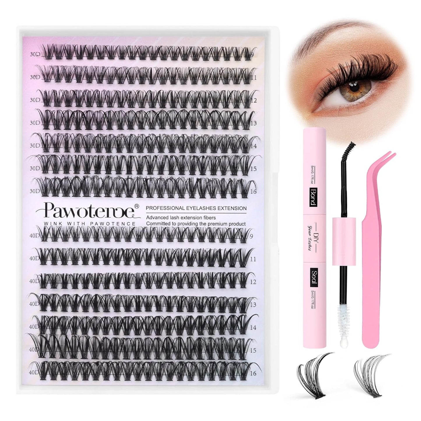 DIY Lash Extension Kit - 280pcs Lash Clusters, 9-16mm 30D 40D with Bond, Seal & Tweezers