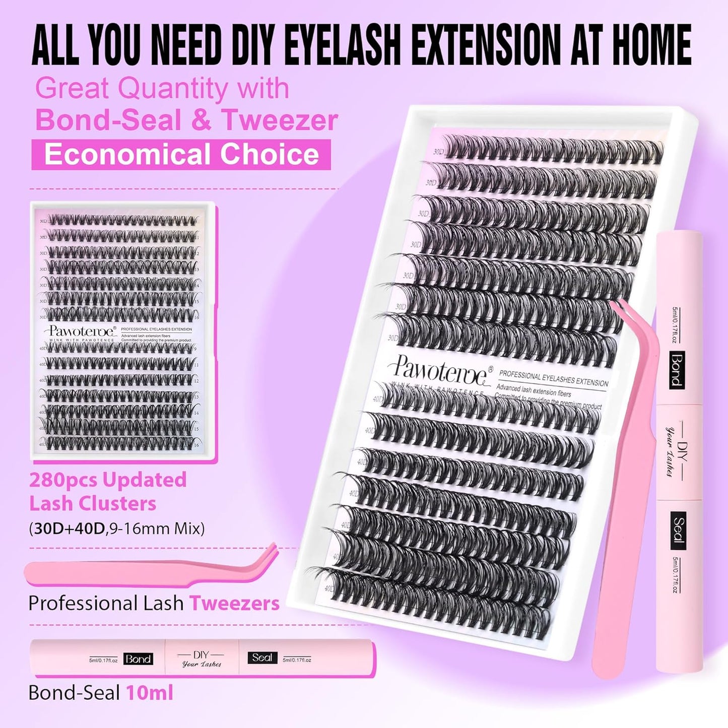 DIY Lash Extension Kit - 280pcs Lash Clusters, 9-16mm 30D 40D with Bond, Seal & Tweezers