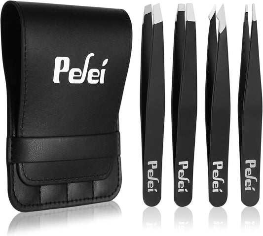 Tweezers Set – Professional Stainless Steel for Eyebrows, Precision Facial Hair, Splinter & Ingrown Hair Removal, Black