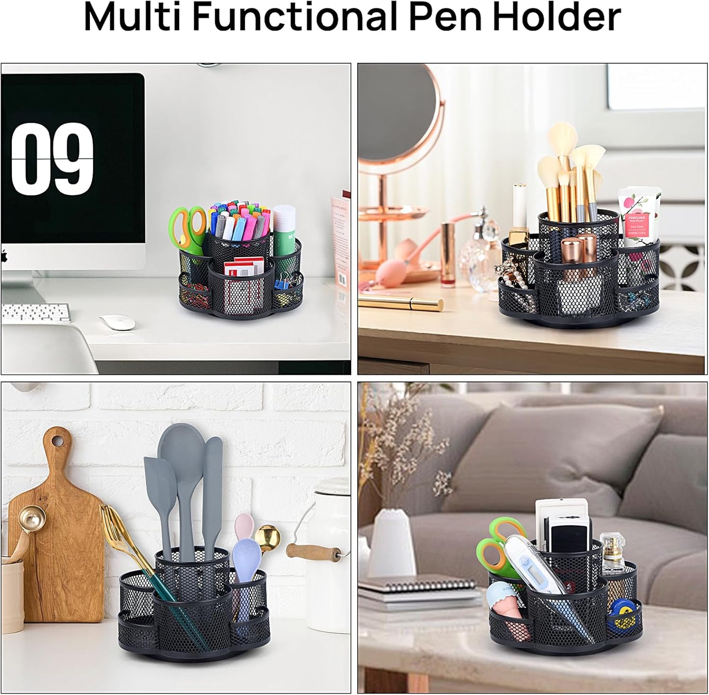 Rotating Pen Holder – Black Desk Organizer for Office Supplies & Pencils