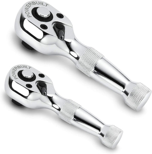 Stubby Ratchet Set - 2-Piece 1/4'' & 3/8'' Reversible Ratchets, 72-Tooth Quick Release for Tight Spaces (640927)