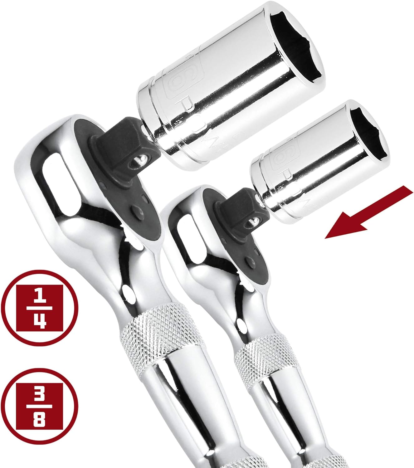 Stubby Ratchet Set - 2-Piece 1/4'' & 3/8'' Reversible Ratchets, 72-Tooth Quick Release for Tight Spaces (640927)