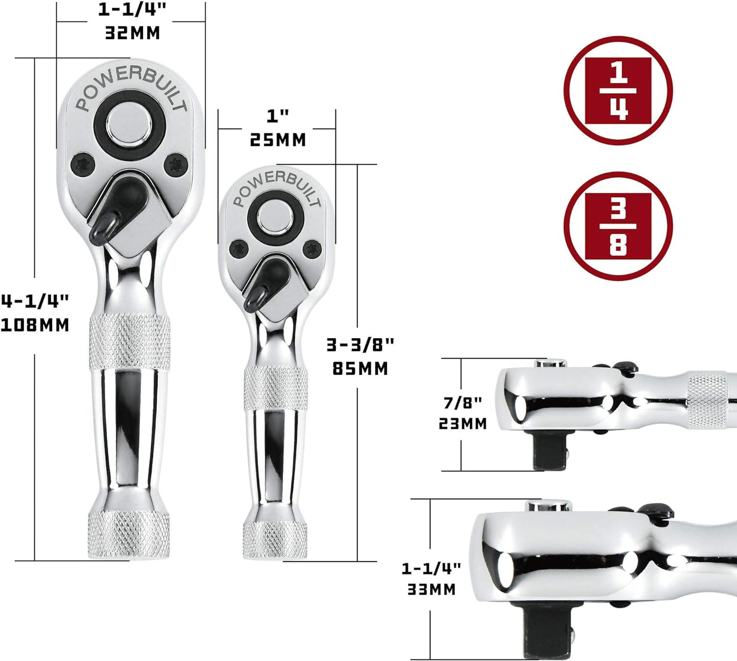 Stubby Ratchet Set - 2-Piece 1/4'' & 3/8'' Reversible Ratchets, 72-Tooth Quick Release for Tight Spaces (640927)