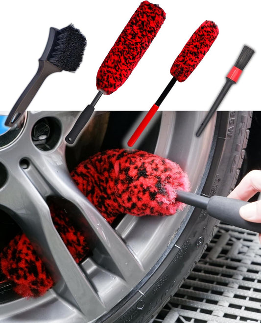 4-Pack Long Handle Wheel Brush Kit – Soft, Stiff, and Detailing Brushes for Wheels & Tires