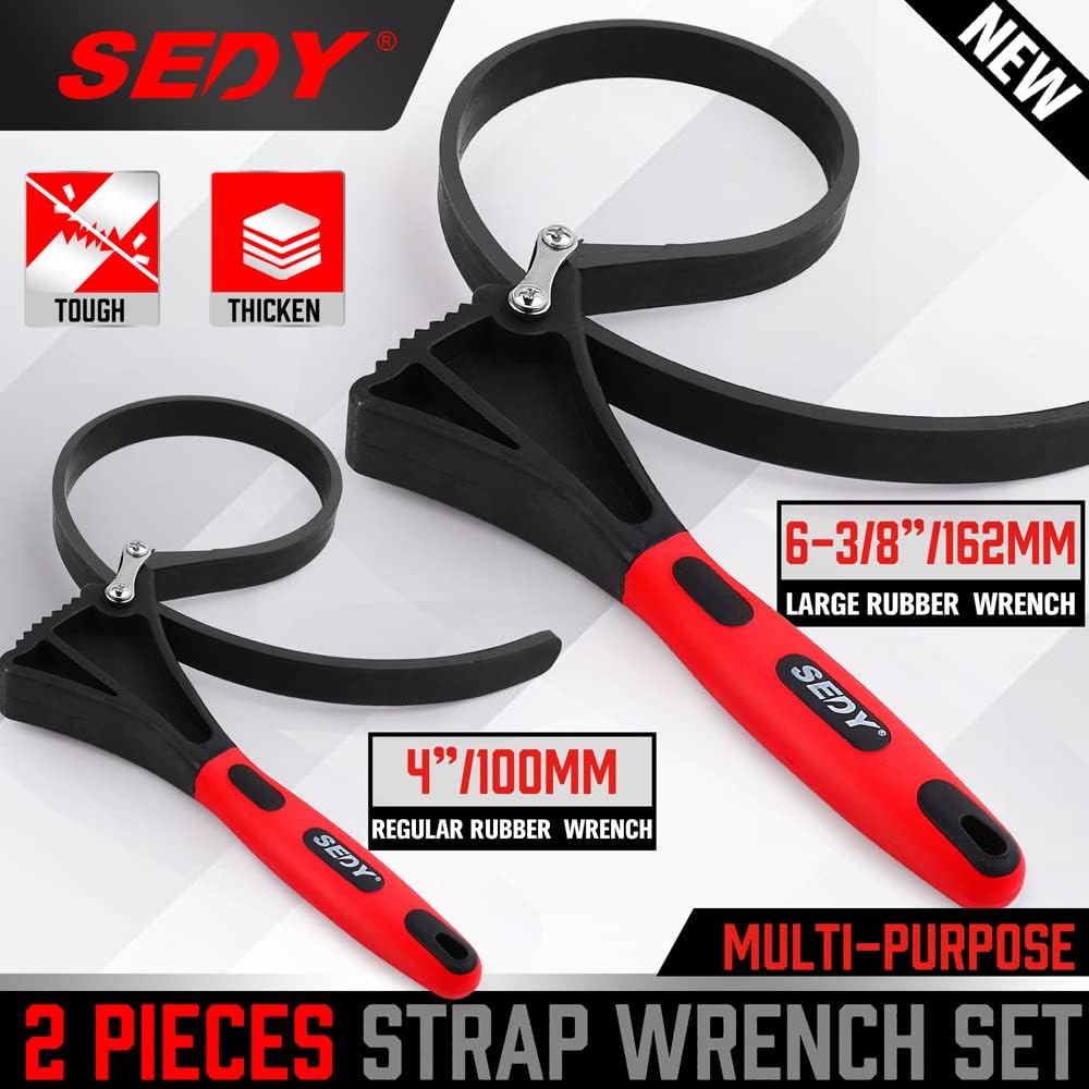 2-Piece Rubber Strap Wrench Set - Adjustable Oil Filter, Jar Opener, Pipe & Shower Head Tool