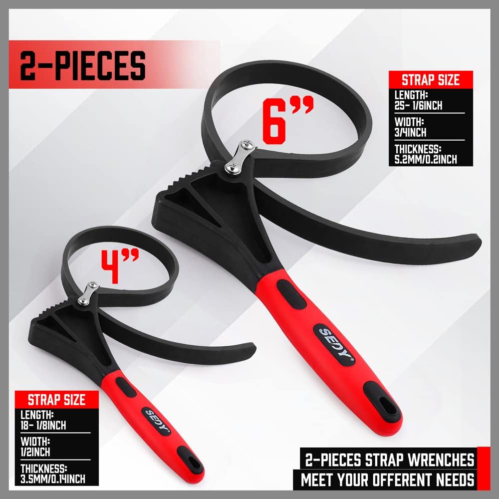 2-Piece Rubber Strap Wrench Set - Adjustable Oil Filter, Jar Opener, Pipe & Shower Head Tool