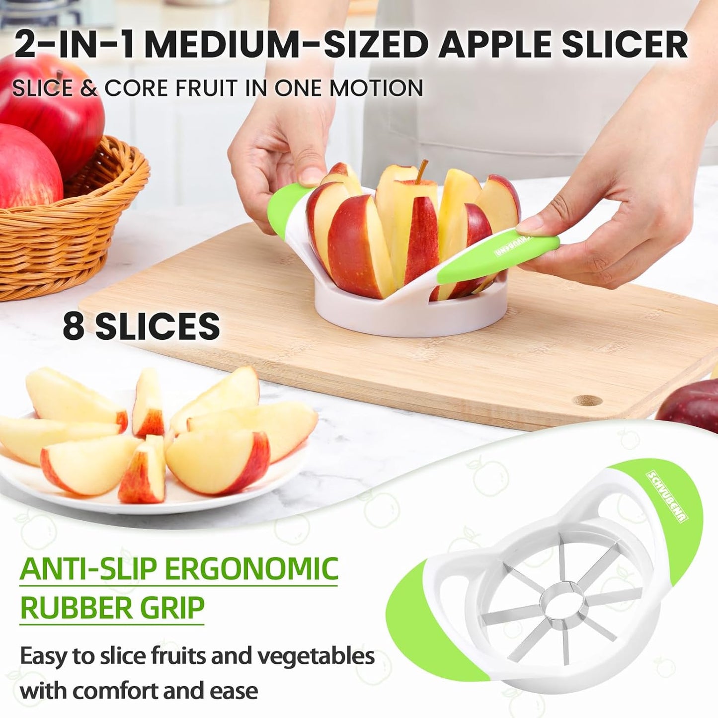 3.5-Inch Apple Slicer Corer, Professional Stainless Steel Apple Cutter with 8 Sharp Blades (Green)