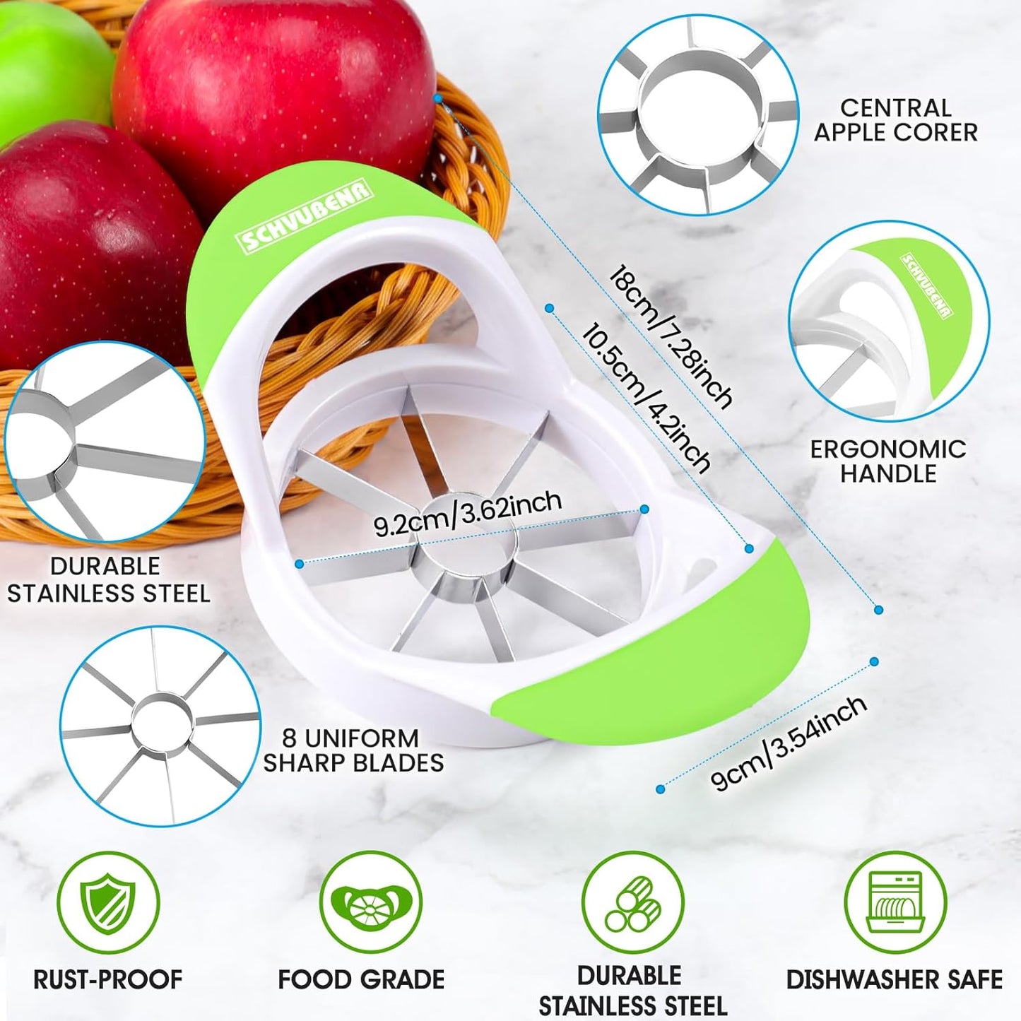 3.5-Inch Apple Slicer Corer, Professional Stainless Steel Apple Cutter with 8 Sharp Blades (Green)