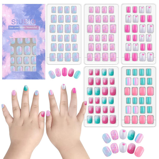 120 Pcs Kids Acrylic Fake Nails - 5-Pack Glitter Gradient Rainbow Press-On Full Cover Nail Art Set for Little Girls