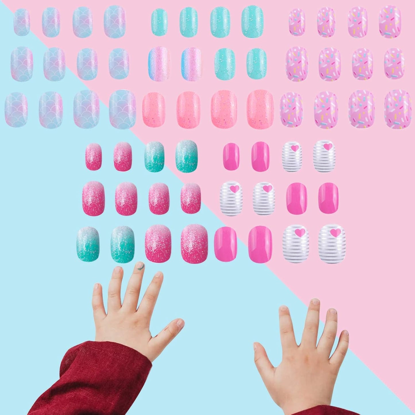 120 Pcs Kids Acrylic Fake Nails - 5-Pack Glitter Gradient Rainbow Press-On Full Cover Nail Art Set for Little Girls