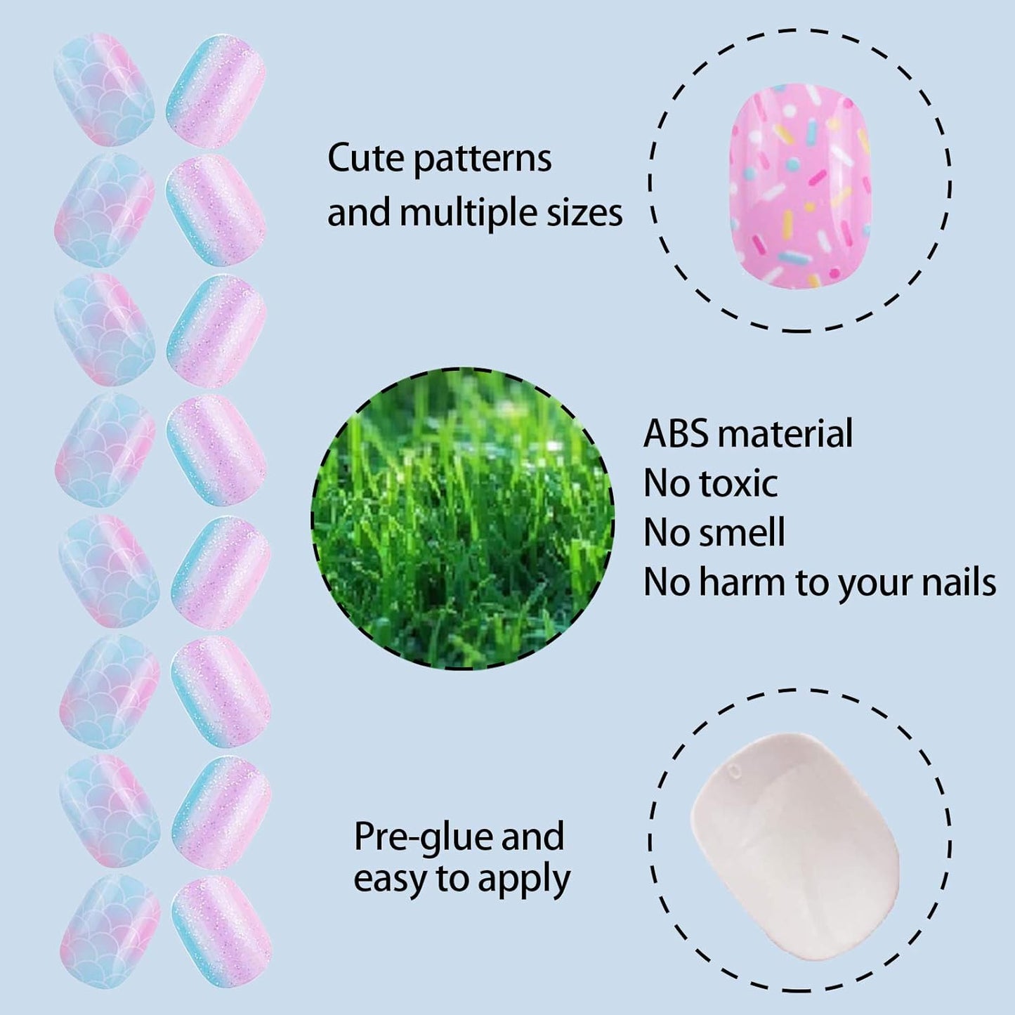 120 Pcs Kids Acrylic Fake Nails - 5-Pack Glitter Gradient Rainbow Press-On Full Cover Nail Art Set for Little Girls