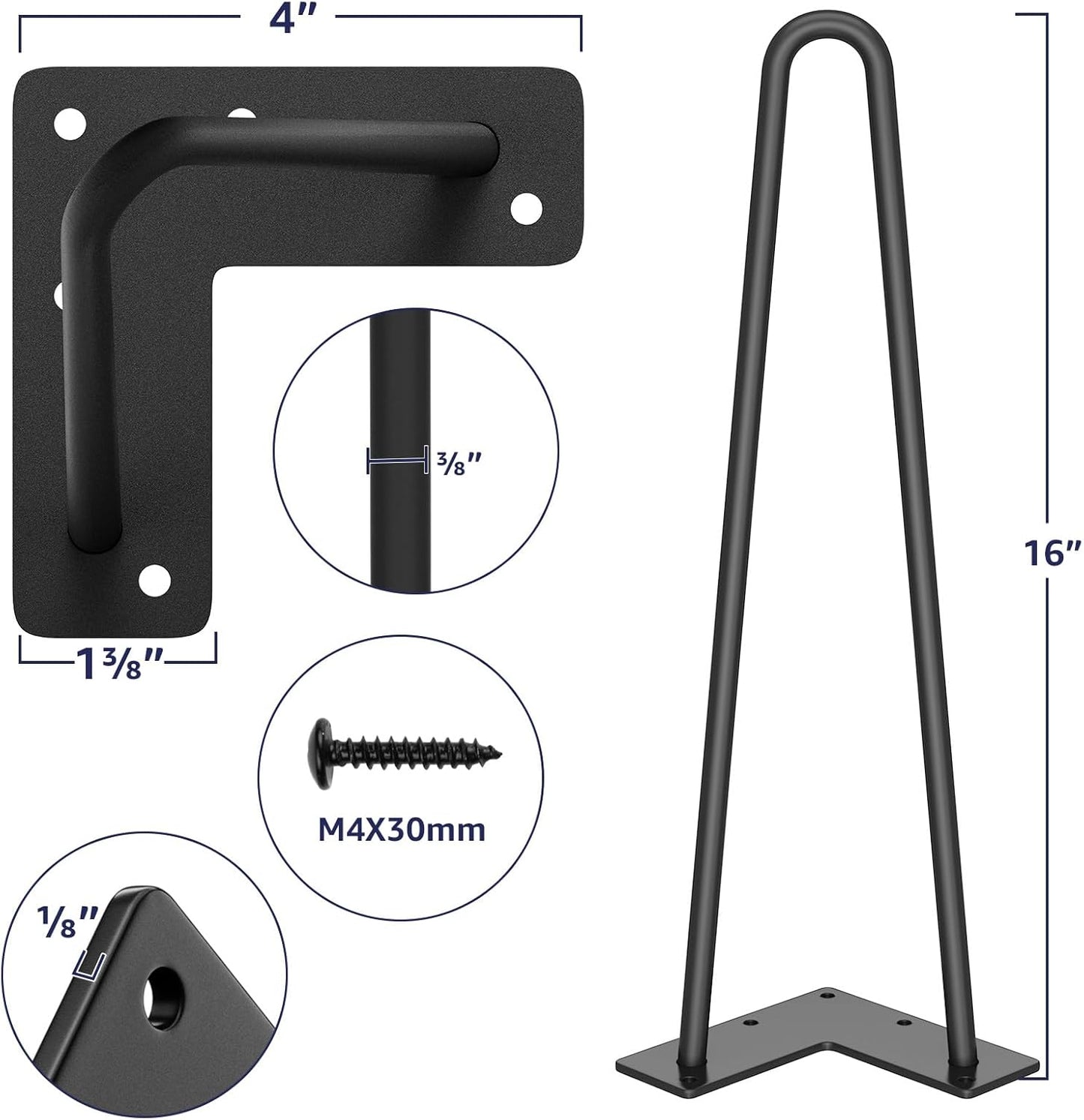 16'' Metal Hairpin Furniture Legs with Rubber Protectors – DIY for Nightstand, Coffee Table, Desk (Black, 4PCS)