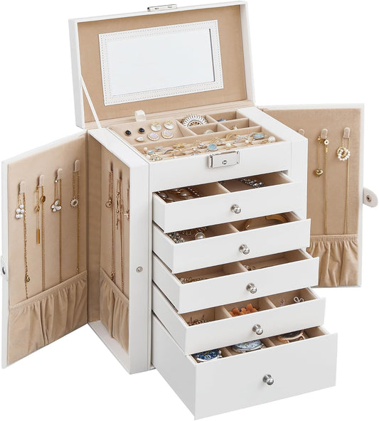 6-Tier Lockable Jewelry Box with Mirror – Large Jewelry Organizer with 5 Drawers for Watches & Accessories