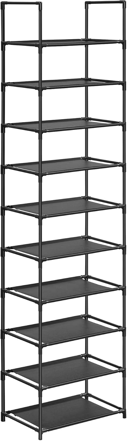 10-Tier Shoe Rack Organizer – Space-Saving Metal Frame with Fabric Shelves (Black)