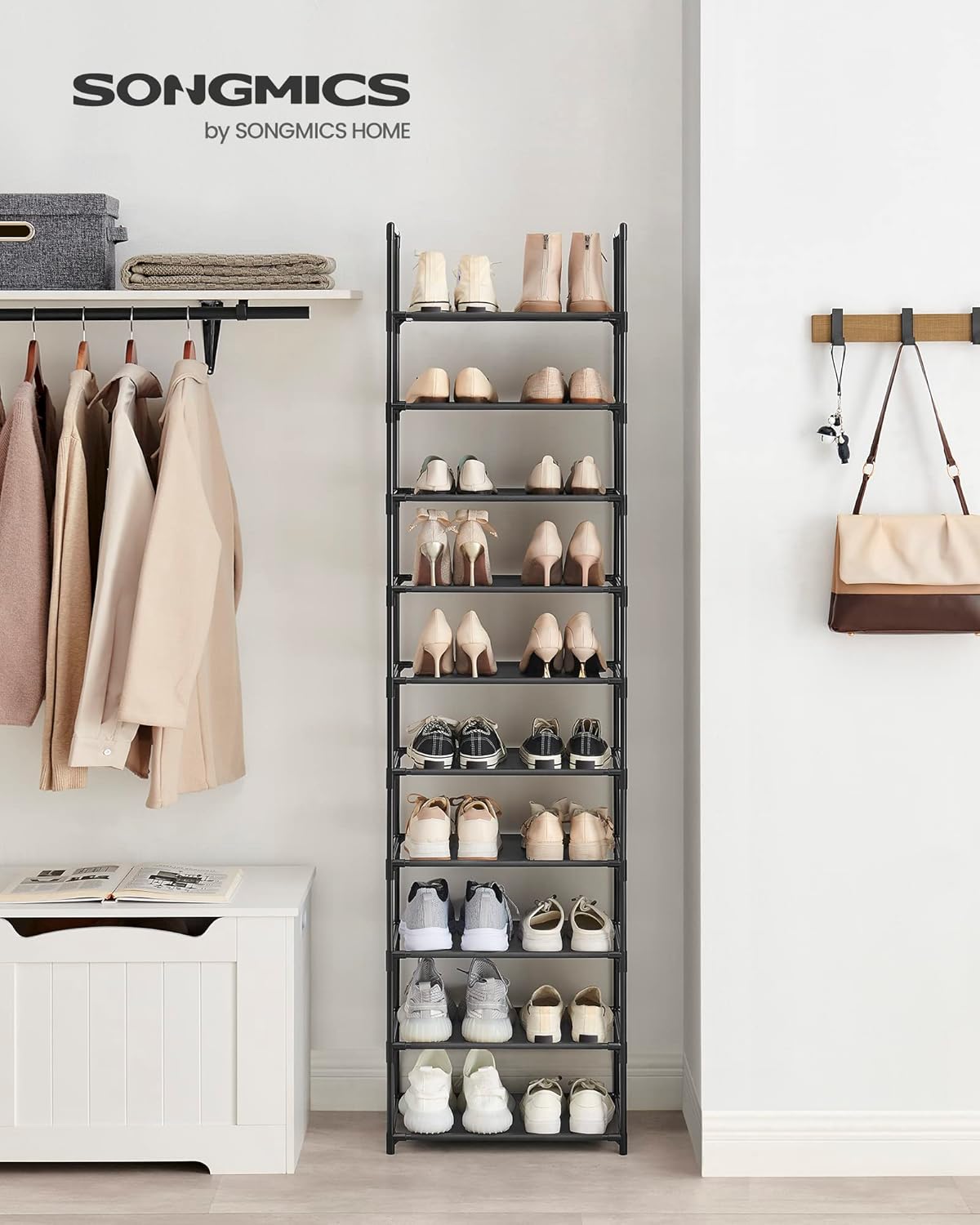 10-Tier Shoe Rack Organizer – Space-Saving Metal Frame with Fabric Shelves (Black)
