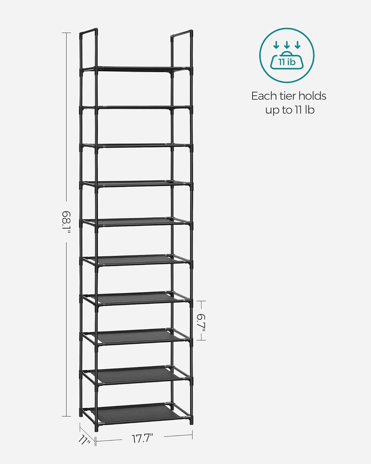 10-Tier Shoe Rack Organizer – Space-Saving Metal Frame with Fabric Shelves (Black)