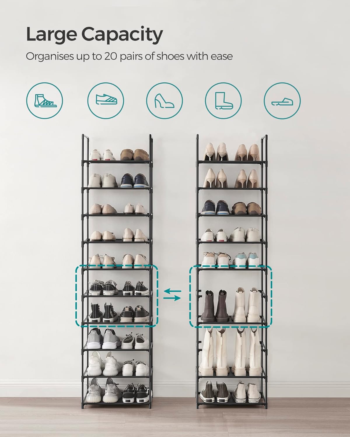10-Tier Shoe Rack Organizer – Space-Saving Metal Frame with Fabric Shelves (Black)