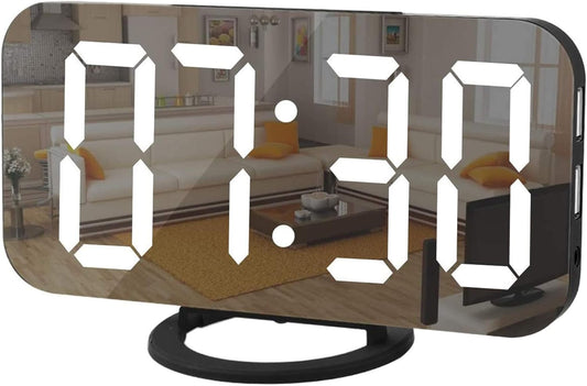 Digital Alarm Clock with Large LED Display - Mirror Surface, Dimming Mode, USB Ports, Modern