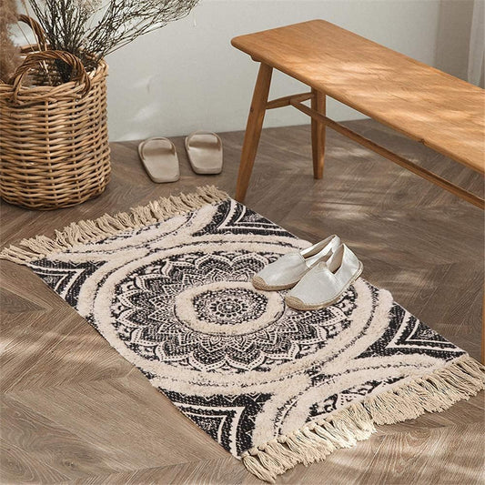 Tufted Cotton Rug – 2x3 Black Mandala Boho Rug with Fringe Tassels for Bedroom, Kitchen & Laundry