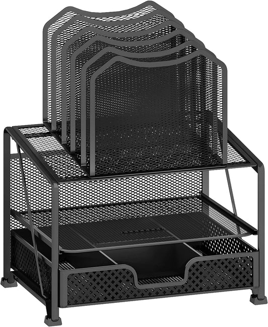 Mesh Desk Organizer with Drawer – Double Tray & 5 Sections File Holder, Black
