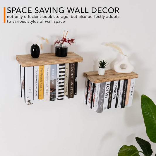 Floating Wall Bookshelves Set of 2 – Rustic Upside Down Space-Saving Book Shelves for Bedroom & Living Room Decor
