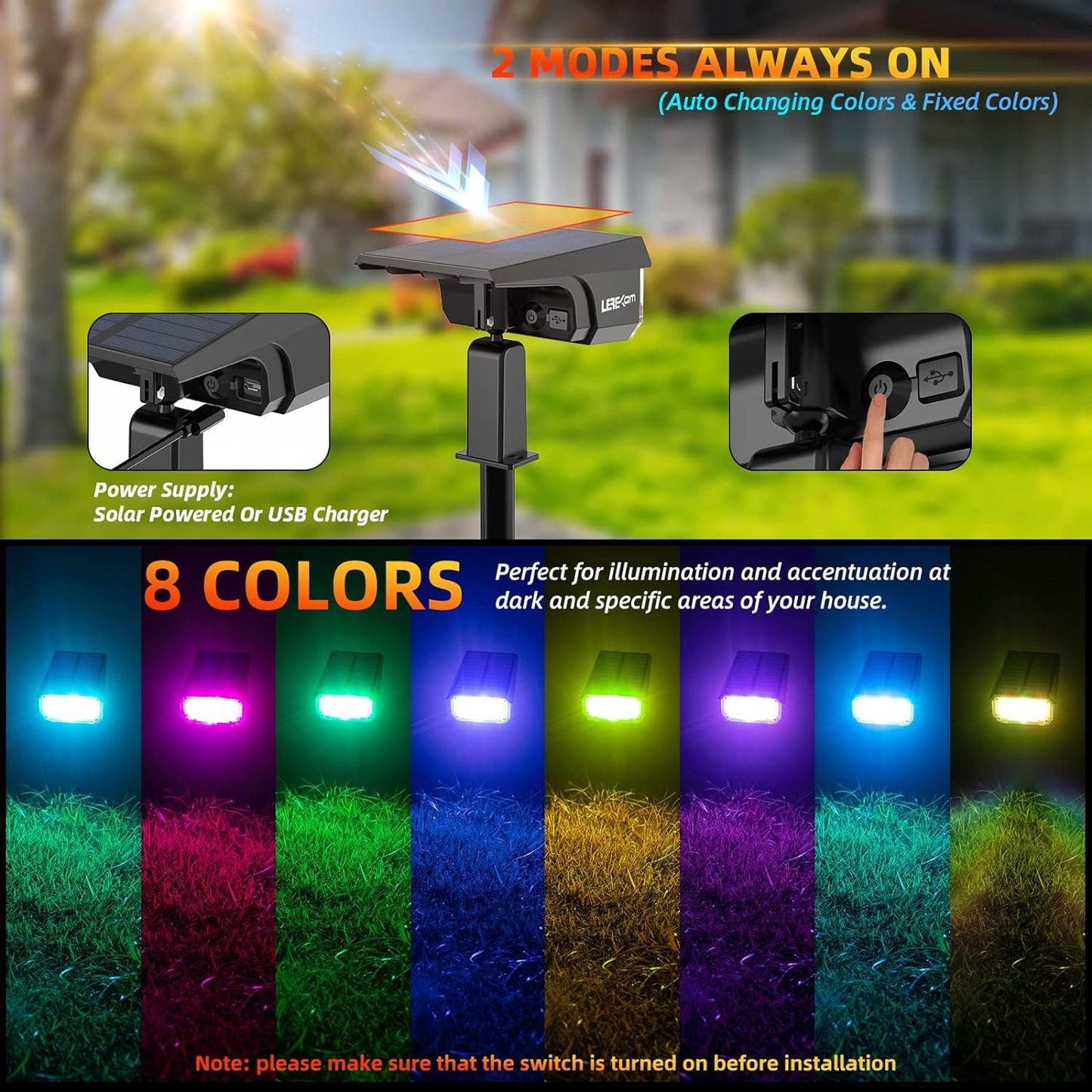 2-Pack Solar Spotlights - 40 LED RGB Color Changing Landscape Lights with USB