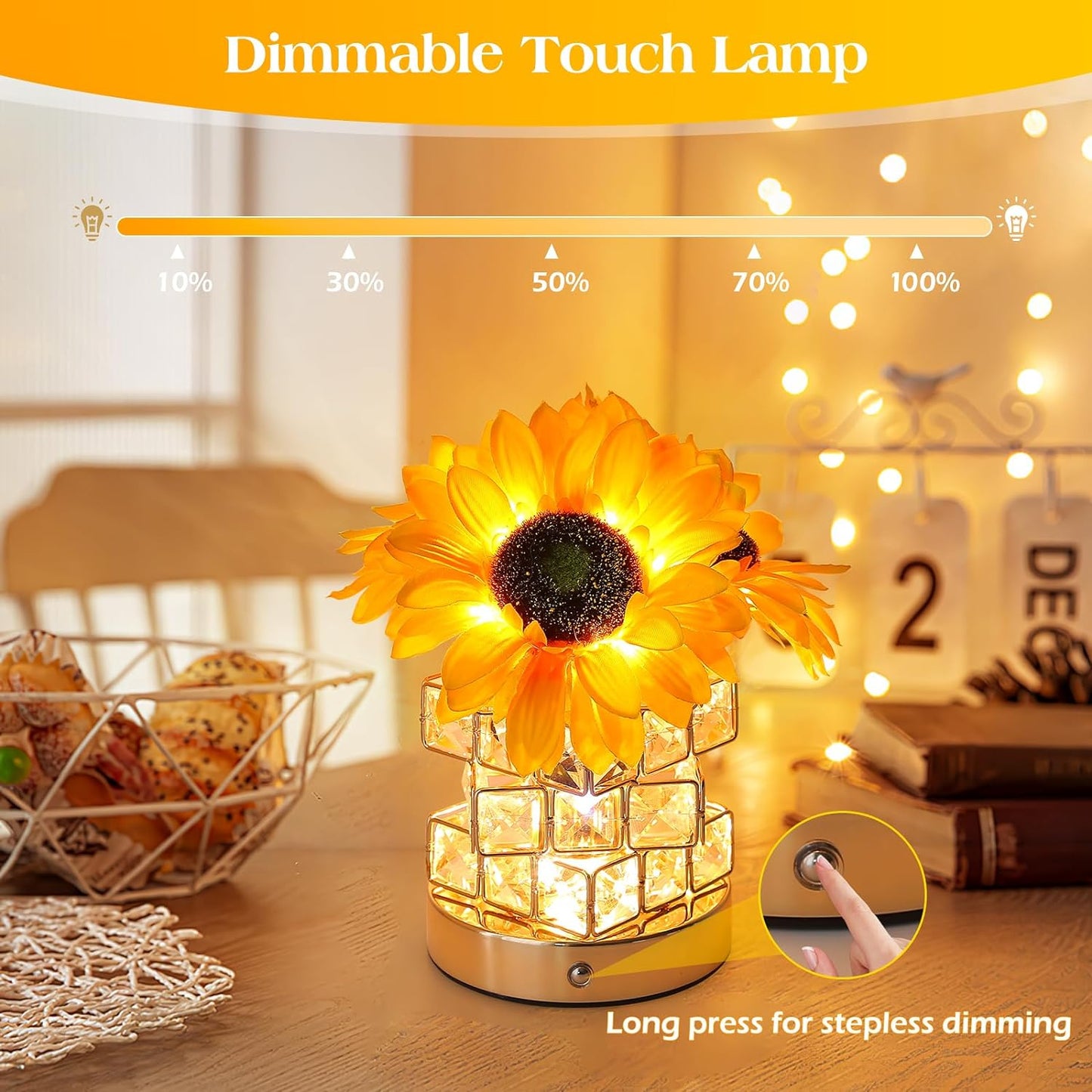 Sunflowers Flower Lamp,Rechargeable Cordless Touch Table Lamp,3-Colour Infinitely Dimming Battery Powered Small Night Light,Festival Restaurant Bedroom Bar Coffee Shop Birthday Gifts for Women Mom