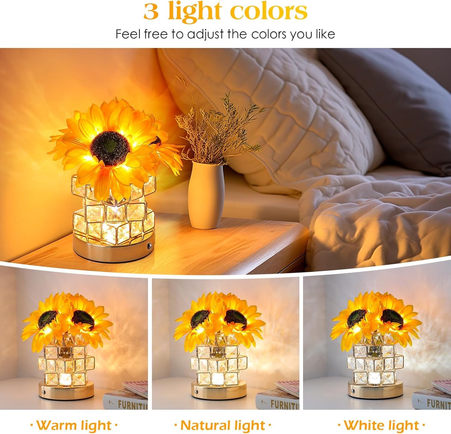 Sunflowers Flower Lamp,Rechargeable Cordless Touch Table Lamp,3-Colour Infinitely Dimming Battery Powered Small Night Light,Festival Restaurant Bedroom Bar Coffee Shop Birthday Gifts for Women Mom