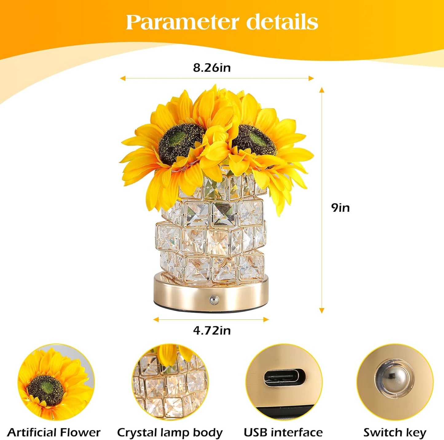 Sunflowers Flower Lamp,Rechargeable Cordless Touch Table Lamp,3-Colour Infinitely Dimming Battery Powered Small Night Light,Festival Restaurant Bedroom Bar Coffee Shop Birthday Gifts for Women Mom