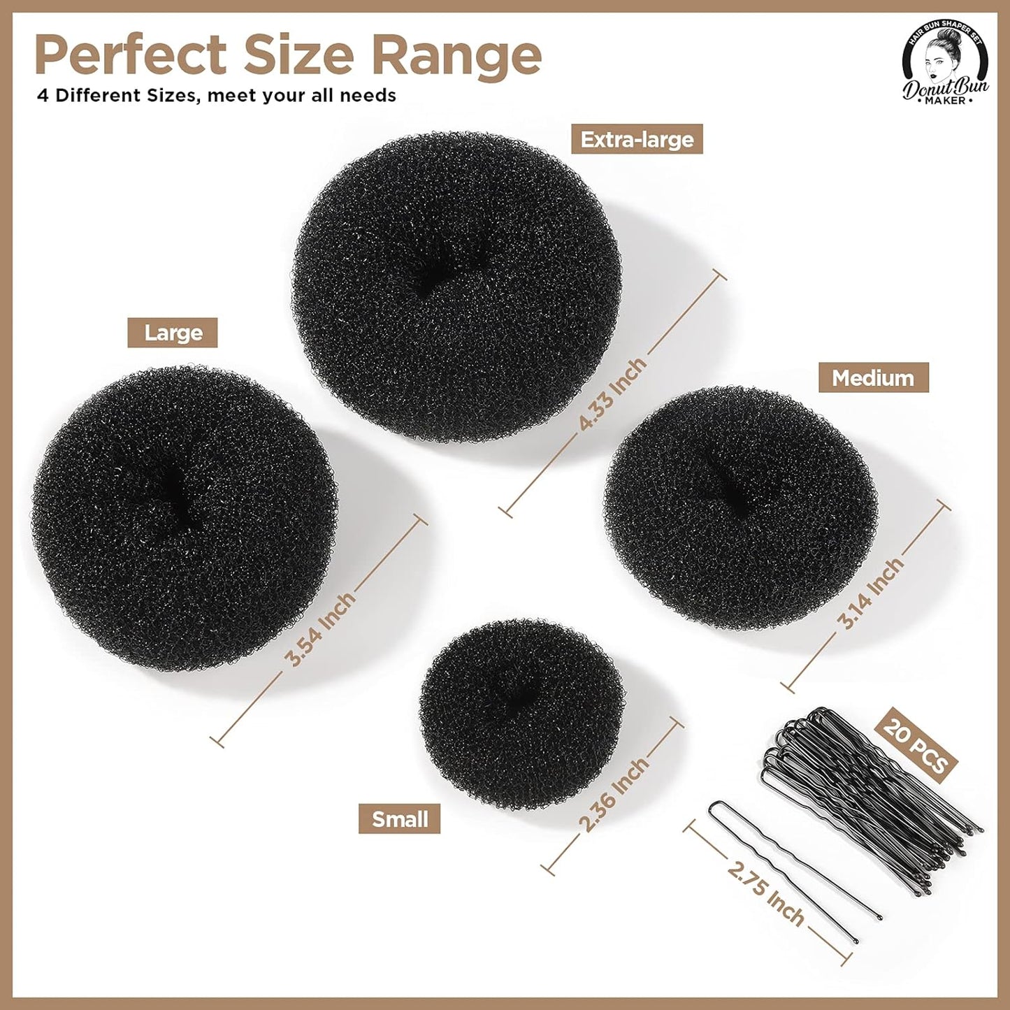 Hair Donut, Hair Bun Maker, Black（Extra-large, Large, Medium and Small）