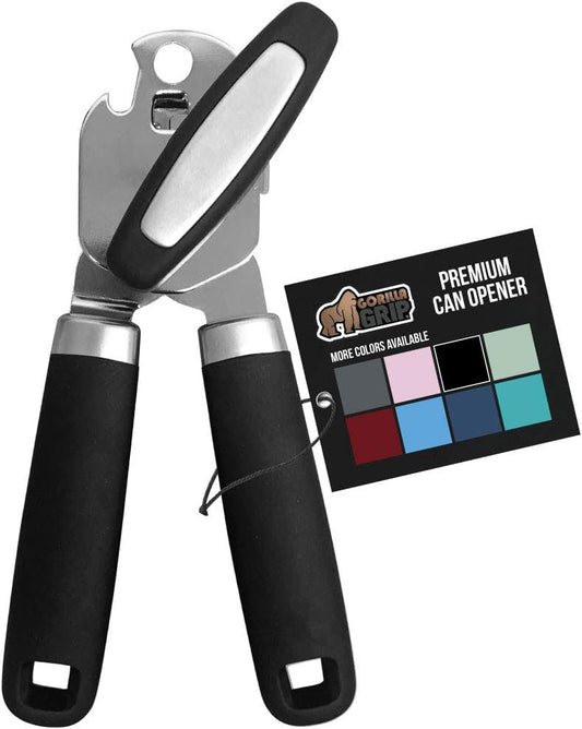 Heavy Duty Stainless Steel Can & Bottle Opener - Soft Handle, Easy Turn Knob (Black)