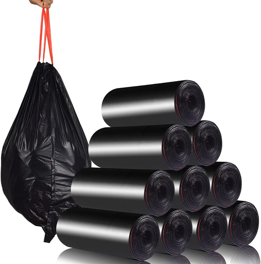 Heavy Duty Drawstring Trash Bags - 4-6 Gallon Garbage Can Liners for Home, Kitchen & Bathroom (50 Count, Black)