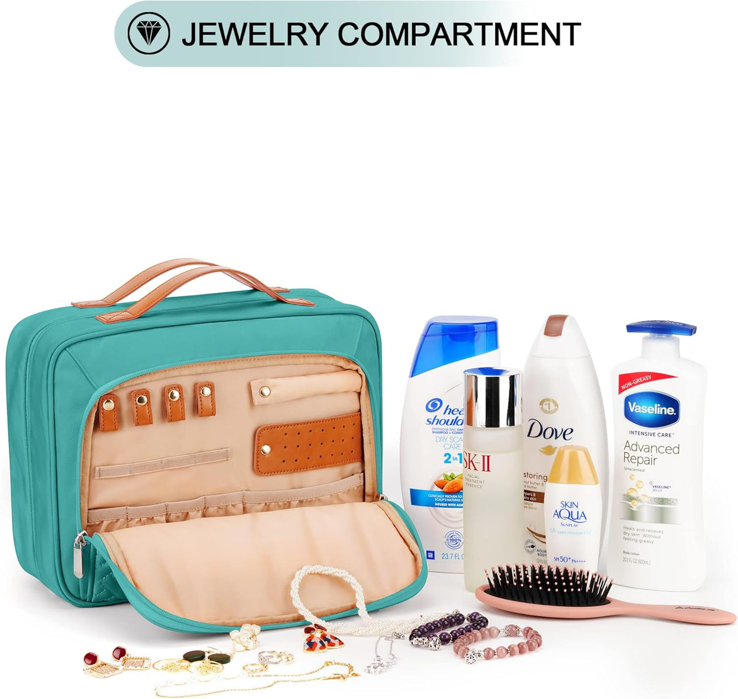 Travel Hanging Toiletry Bag – Extra Large Waterproof Makeup & Jewelry Organizer with Trolley Belt (Blue)