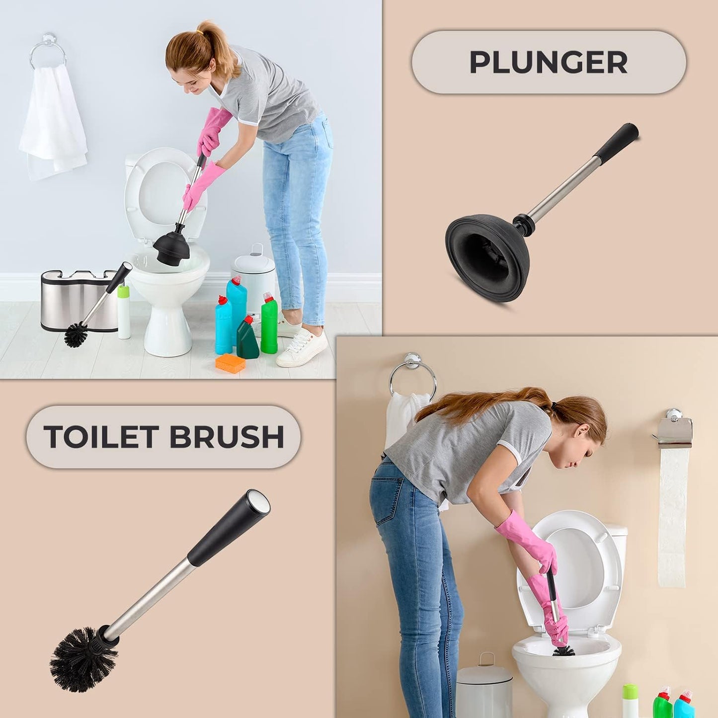 Stainless Steel Toilet Brush & Plunger Set – Freestanding Canister for Modern Bathroom Cleaning