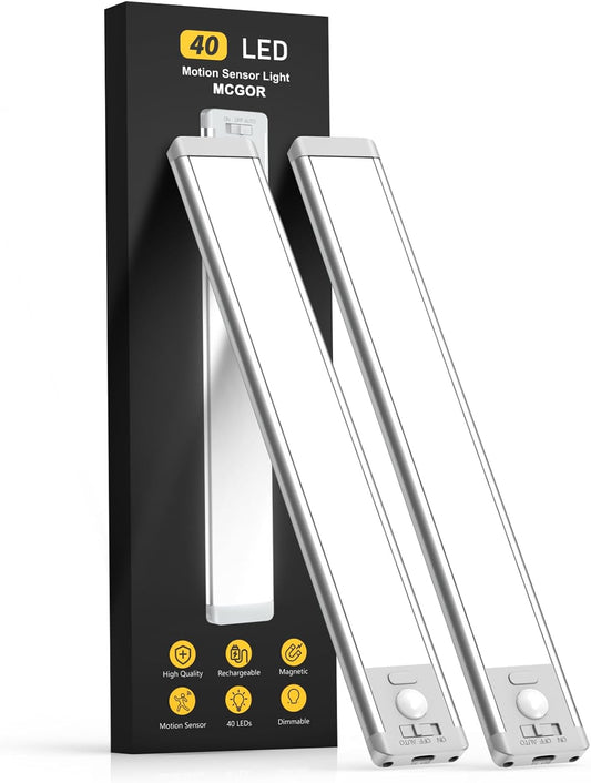2-Pack Rechargeable 40 LED Under Cabinet Motion Sensor Lights - Dimmable & Magnetic
