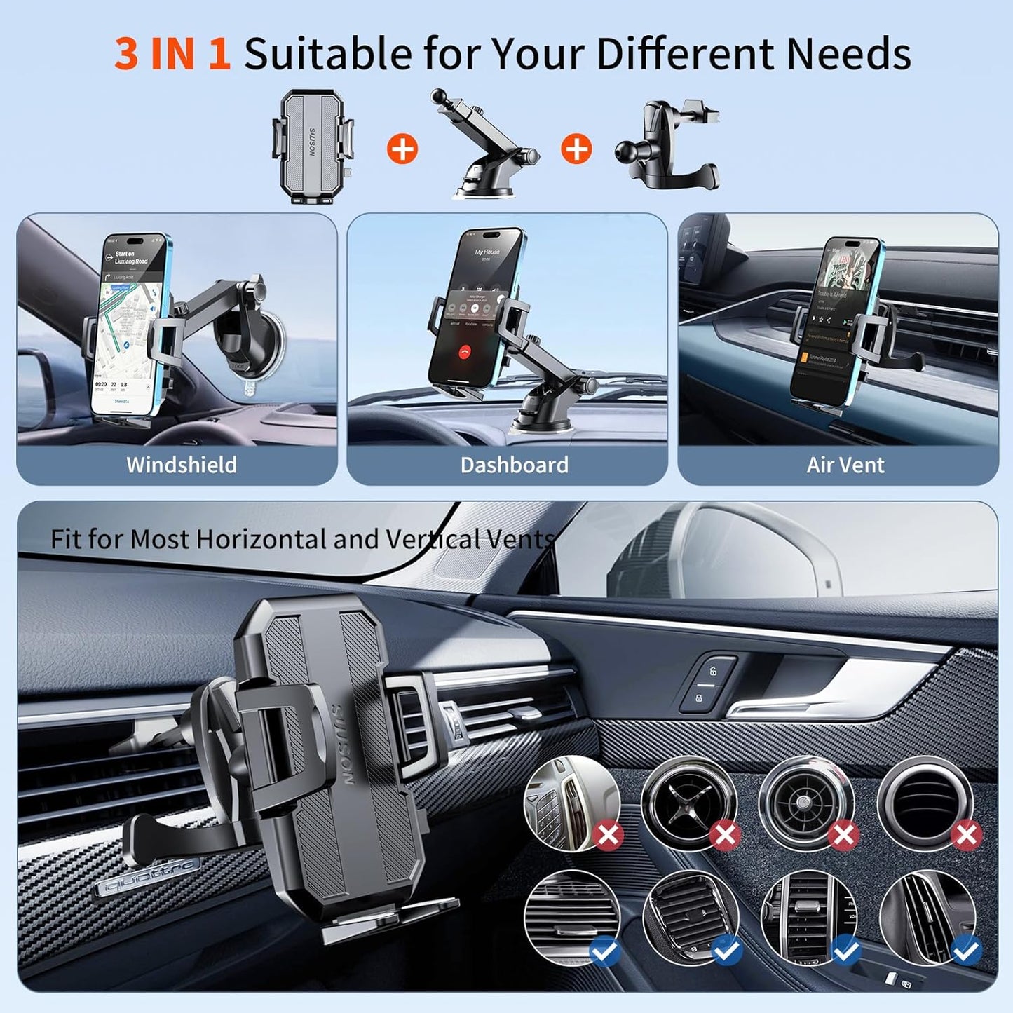 3-in-1 Car Phone Mount – Suction Cup for Dashboard, Vent & Windshield, Black