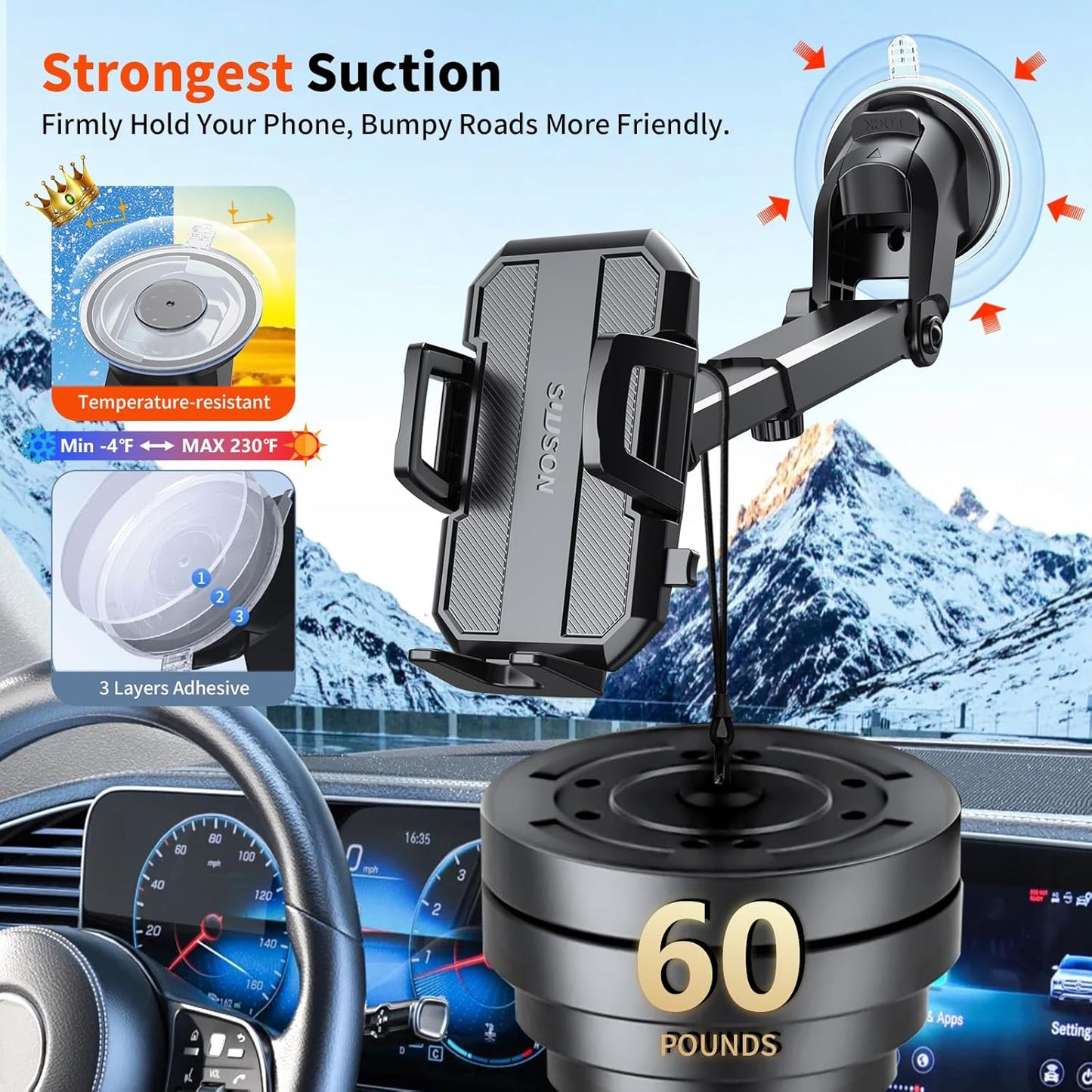 3-in-1 Car Phone Mount – Suction Cup for Dashboard, Vent & Windshield, Black