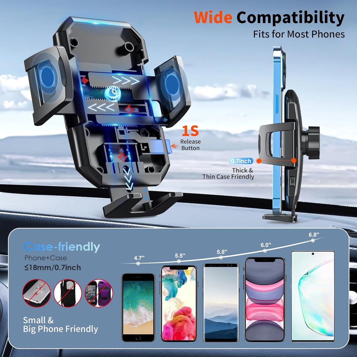 3-in-1 Car Phone Mount – Suction Cup for Dashboard, Vent & Windshield, Black