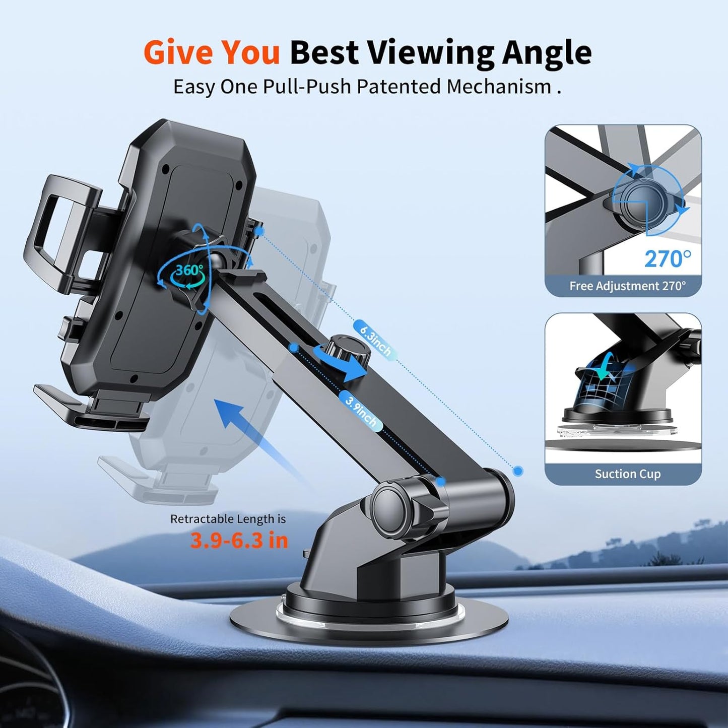 3-in-1 Car Phone Mount – Suction Cup for Dashboard, Vent & Windshield, Black