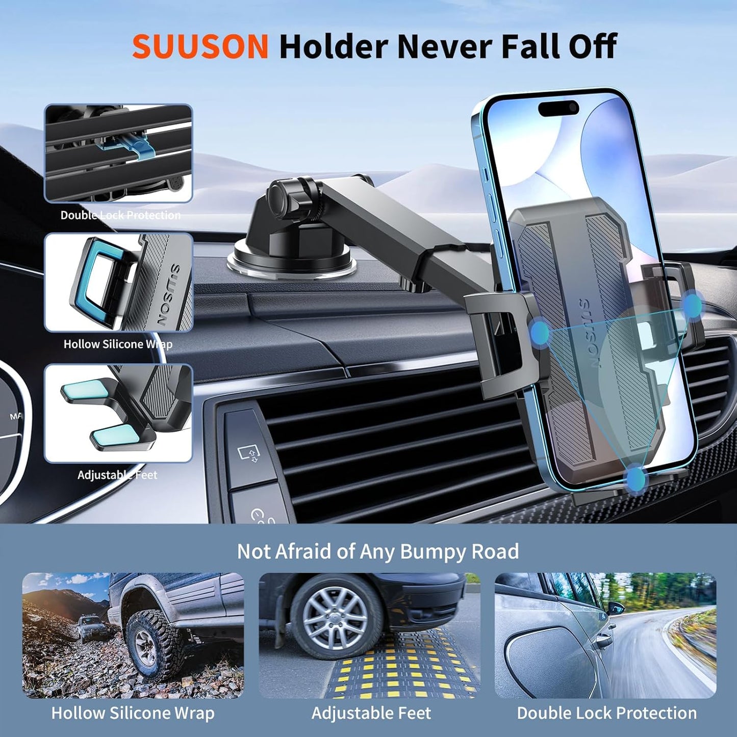3-in-1 Car Phone Mount – Suction Cup for Dashboard, Vent & Windshield, Black