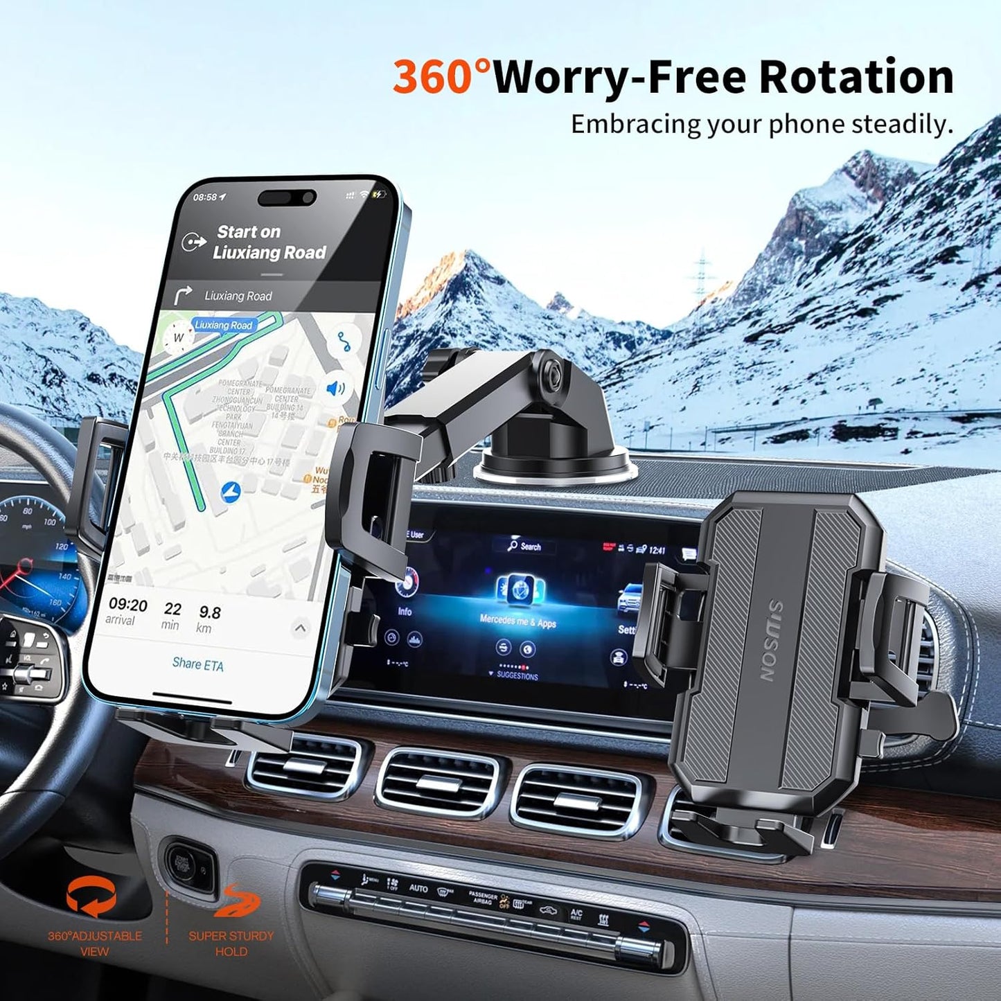 3-in-1 Car Phone Mount – Suction Cup for Dashboard, Vent & Windshield, Black