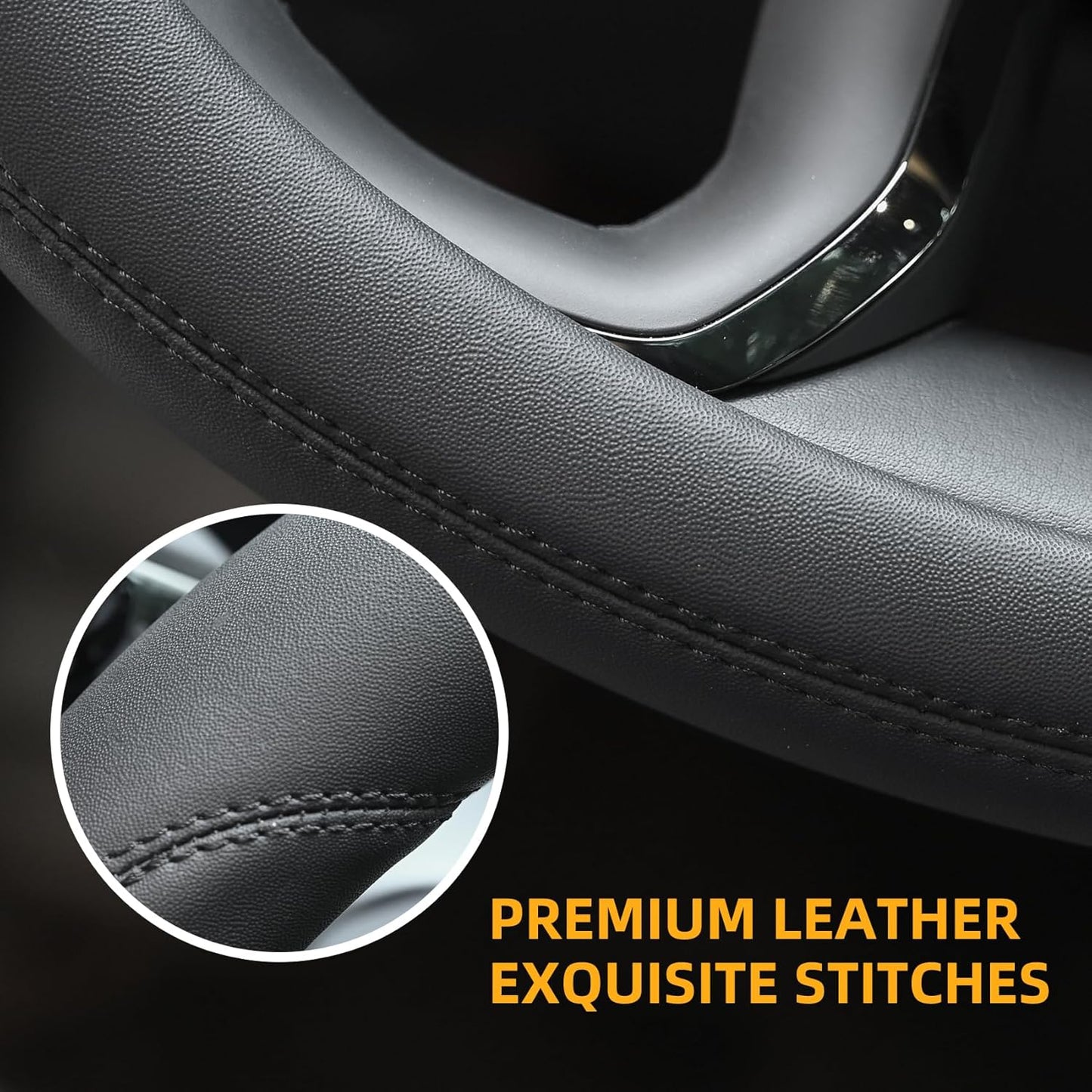 Microfiber Leather Steering Wheel Cover - Universal 15 inch (Black)