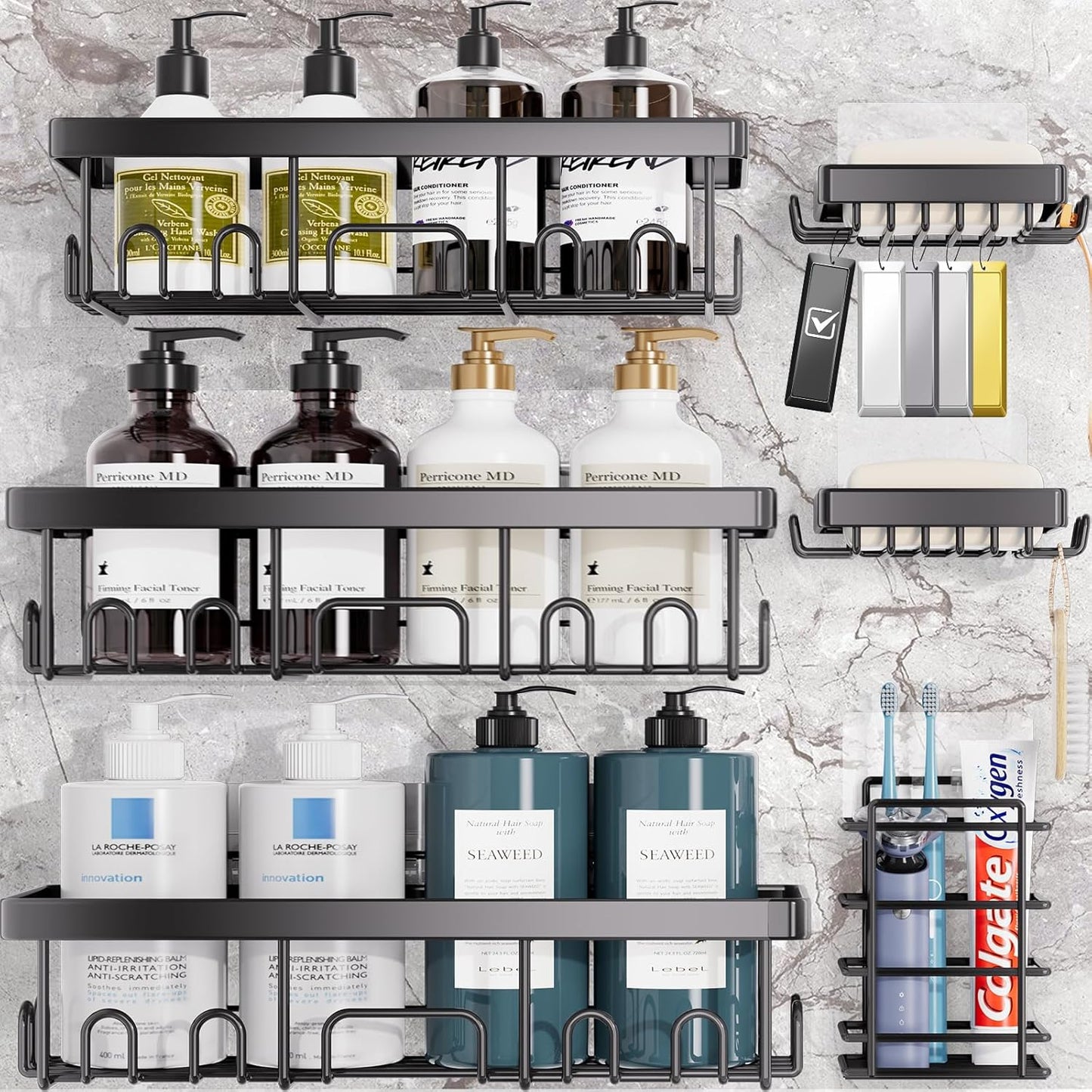 6-Pack Adhesive Shower Caddy – Rustproof Wall-Mounted Organizers with Soap Holder