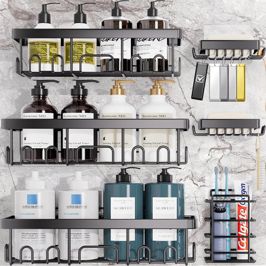 6-Pack Adhesive Shower Caddy – Rustproof Wall-Mounted Organizers with Soap Holder